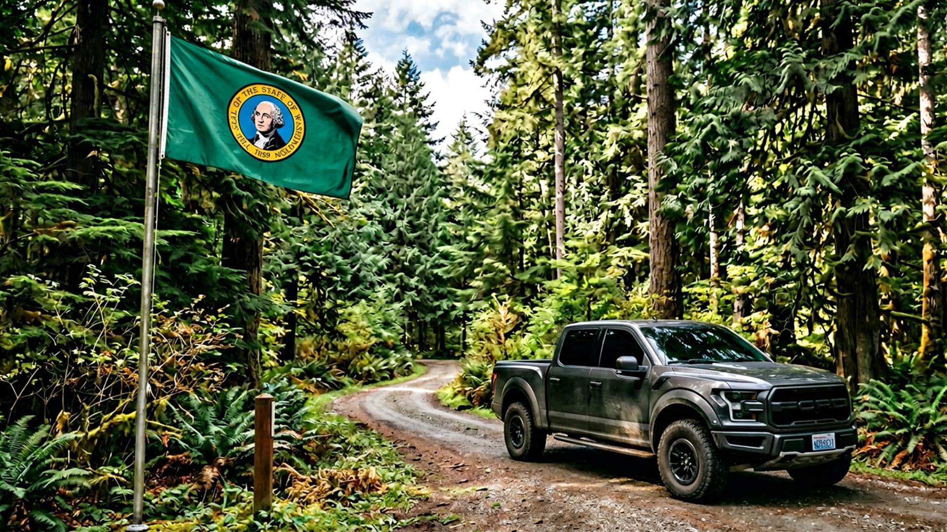 washington state flag with a truck with tinted windows in the forest