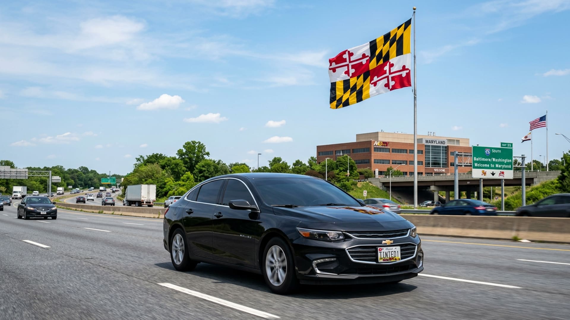 Maryland state flag with a car with tinted windows