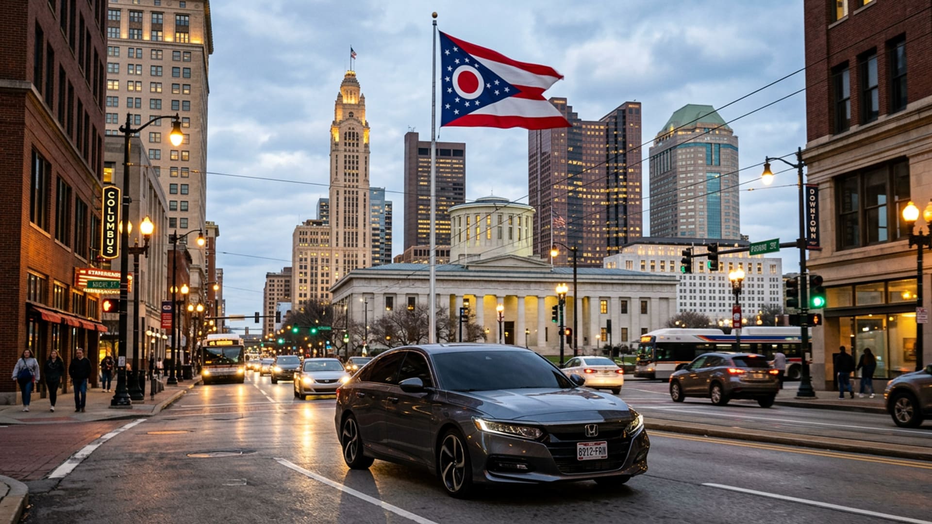 ohio state flag with a car with tinted windows in the city