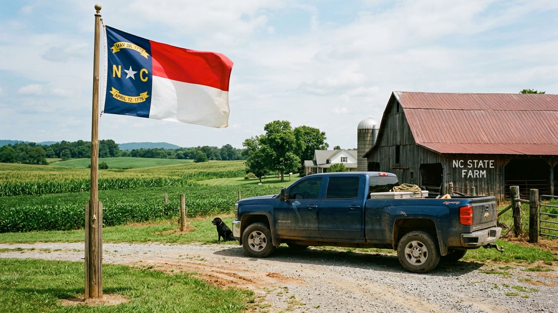 north carolina flag with a truck with tinted windows on a farm