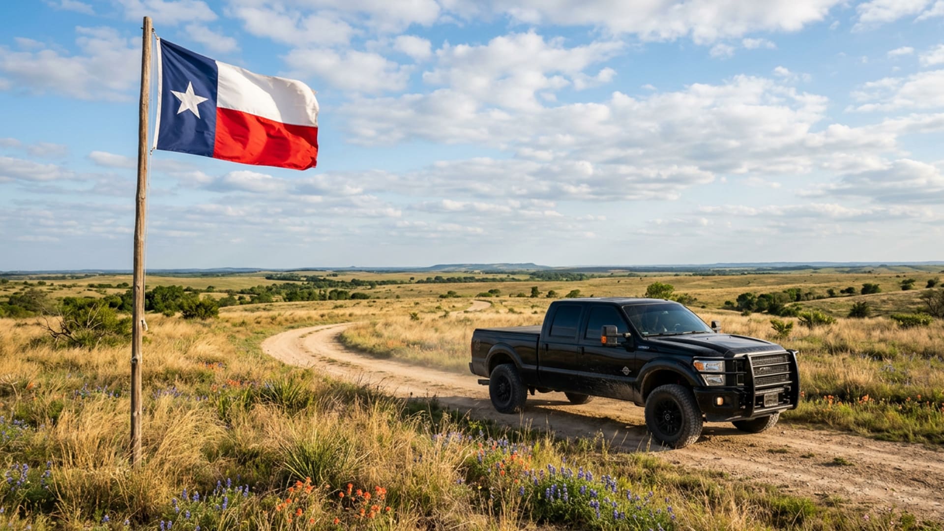 texas state flag with a truck with tinted windows in the prarie