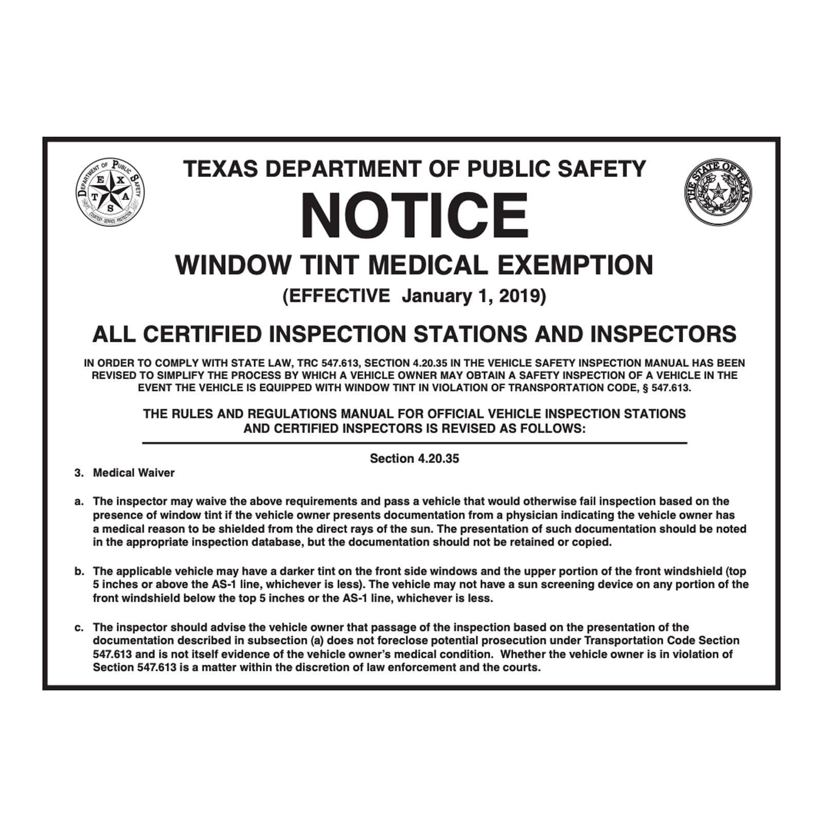 Texas Window Tint Med Exempt Notice