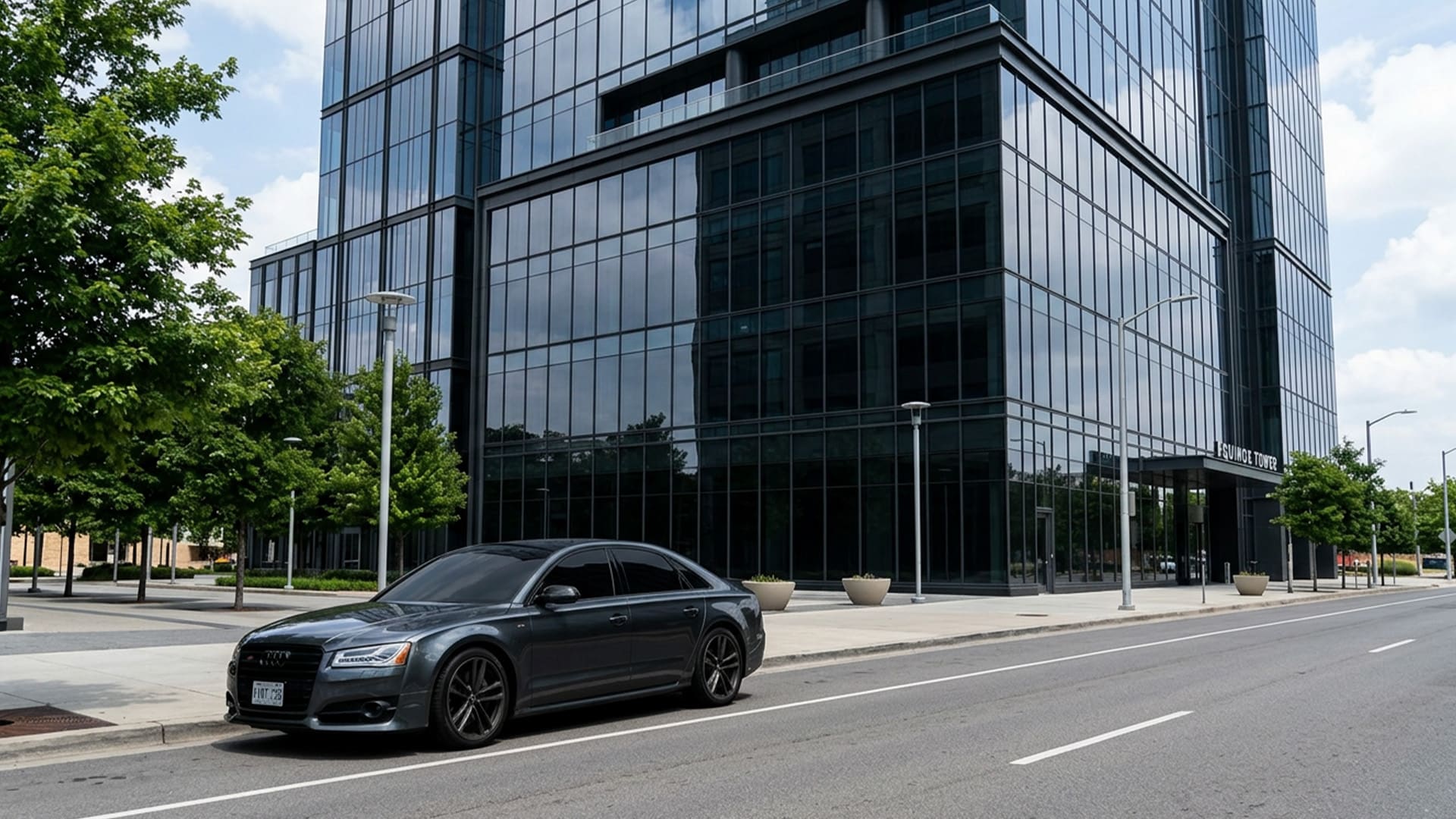 car with tinted windows building with tinted windows