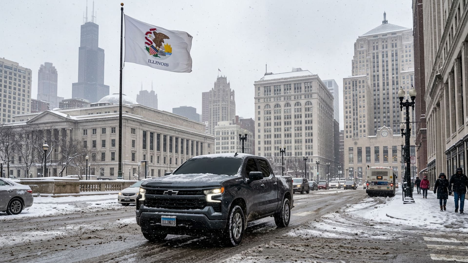 illinois state flag with a truck with tinted windows with snow in the city